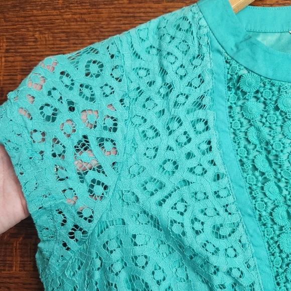 Isaac Mizrahi Live Cap Sleeve Top Women 1X teal torquise Boho lace overlay - Picture 5 of 11